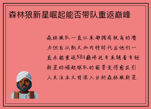 森林狼新星崛起能否带队重返巅峰